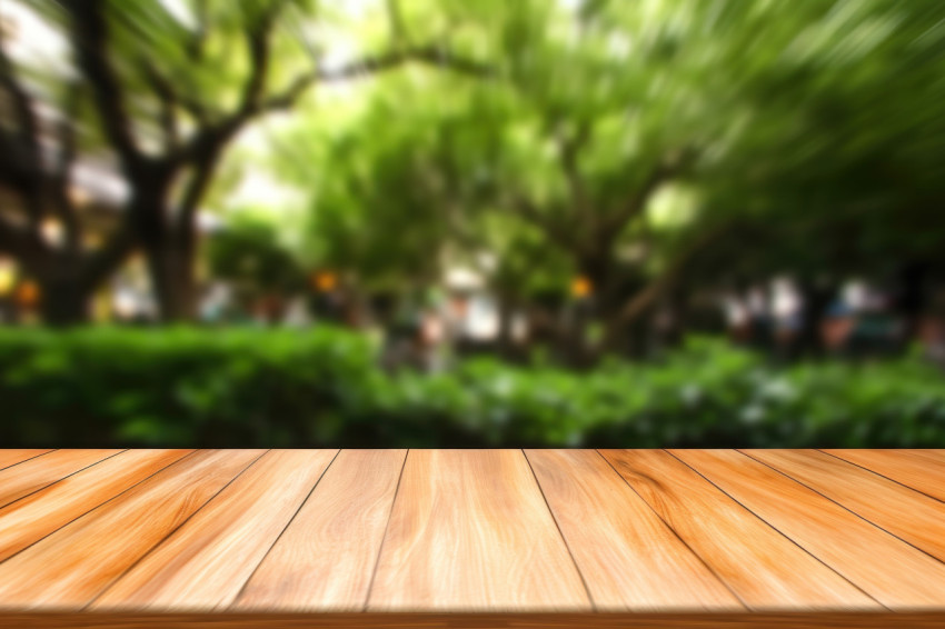 A blank wooden table top in a brown tree garden background