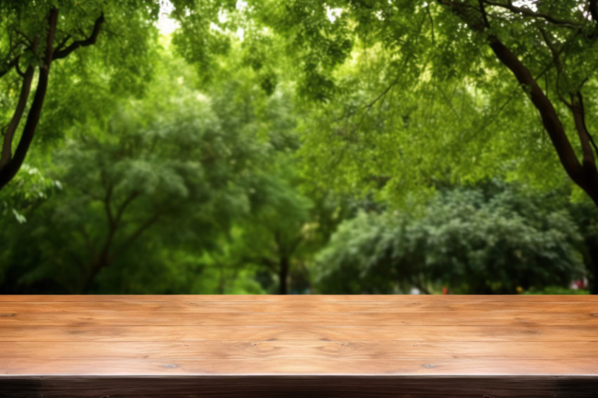 A blank wooden table top in a brown tree garden background