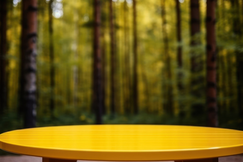 An empty wooden table in the forest with trees