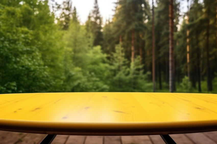 An empty wooden table in the forest with trees