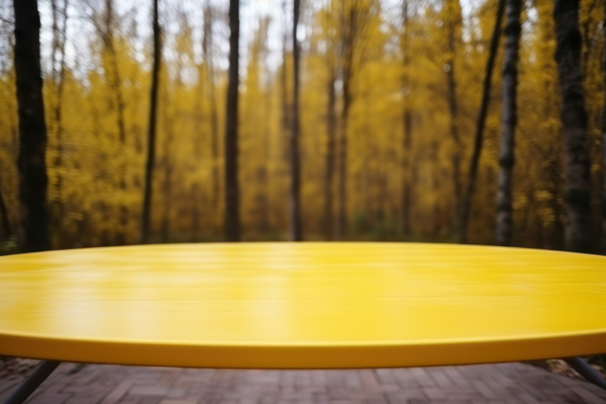 An empty wooden table in the forest with trees