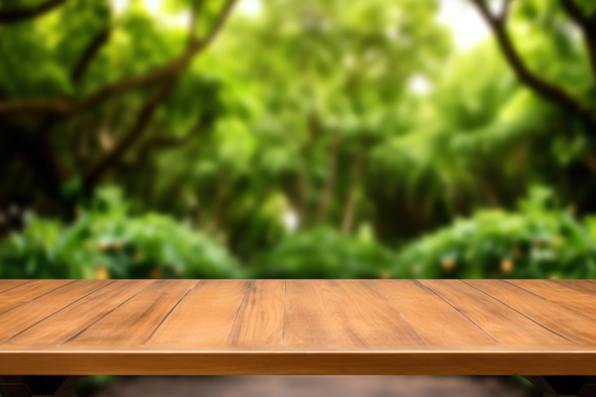 A blank wooden table top in a brown tree garden background