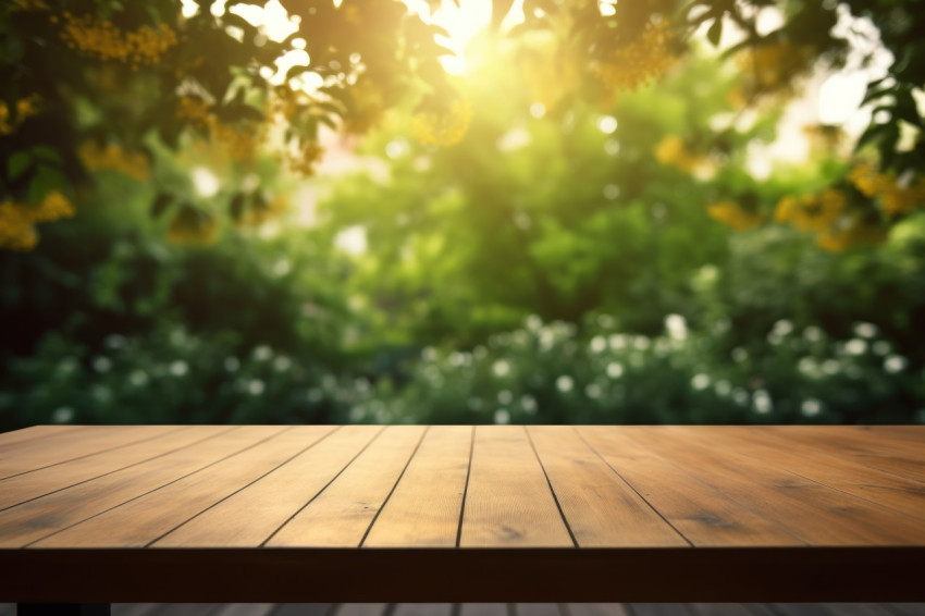 An image of an empty wooden table on a wooden tabletop outside