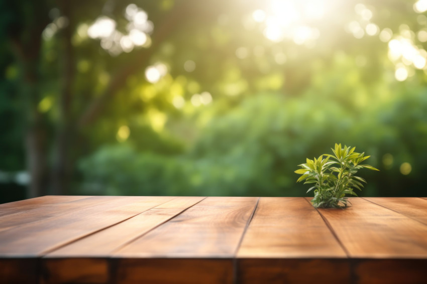 An image of an empty wooden table on a wooden tabletop outside