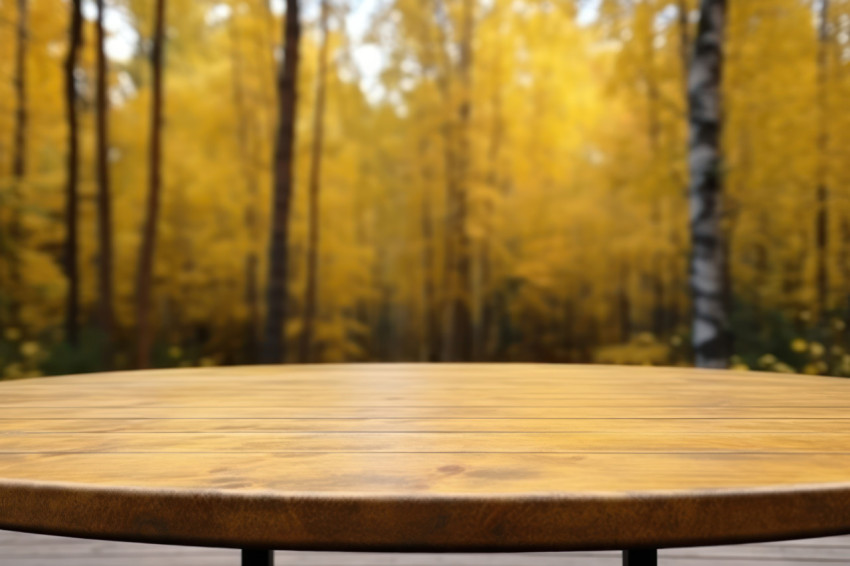 An empty wooden table in the forest with trees