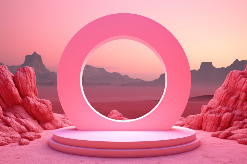 A pink pedestal in middle of a landscape at sunset