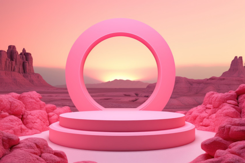 A pink pedestal in middle of a landscape at sunset