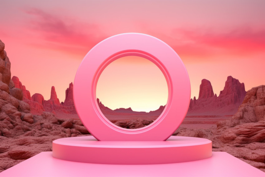 A pink pedestal in middle of a landscape at sunset