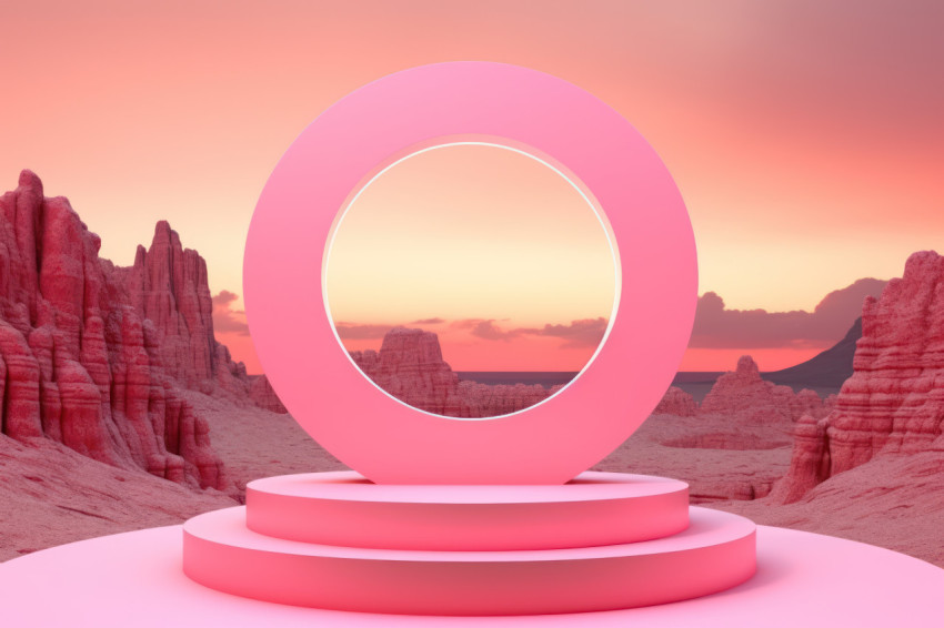 A pink pedestal in middle of a landscape at sunset