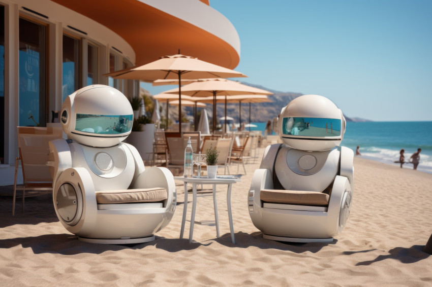 Seaside serenity enhanced by robotic hospitality, futurism image