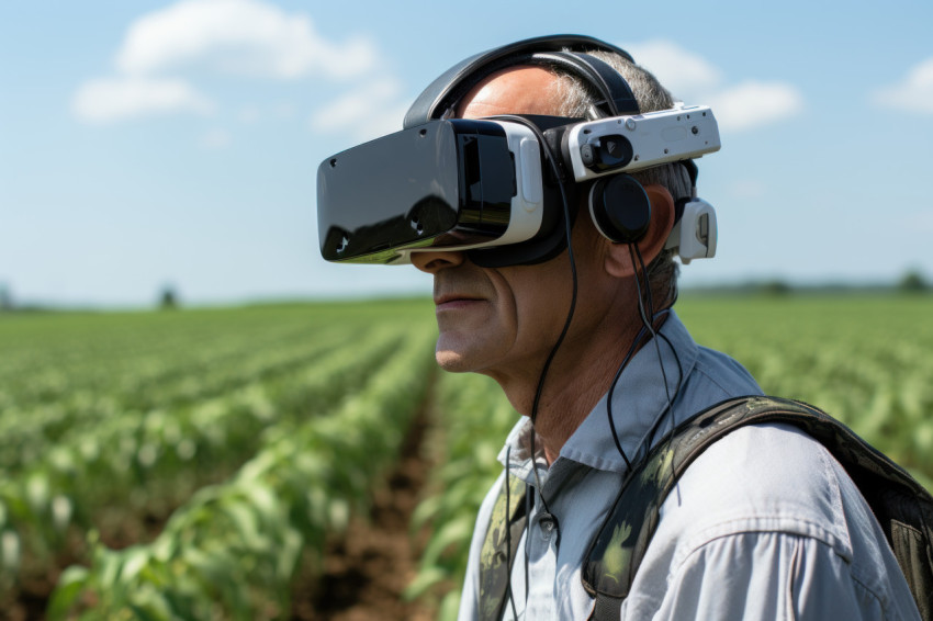 Futuristic farming precision ar glasses for crop health, futuris