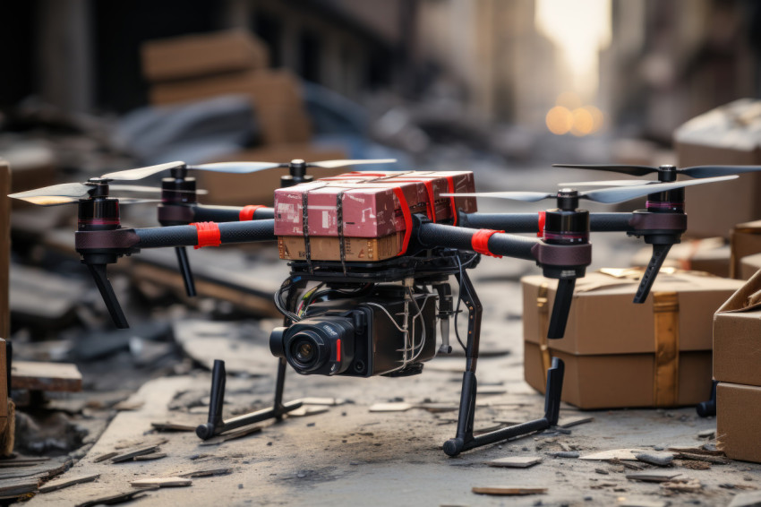 Drones delivering emergency medical supplies, futurism image