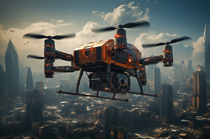 Futuristic drone logistics package deliveries above urban landsc