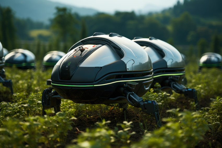 Agriculture at work autonomous robots on futuristic farmland, fu