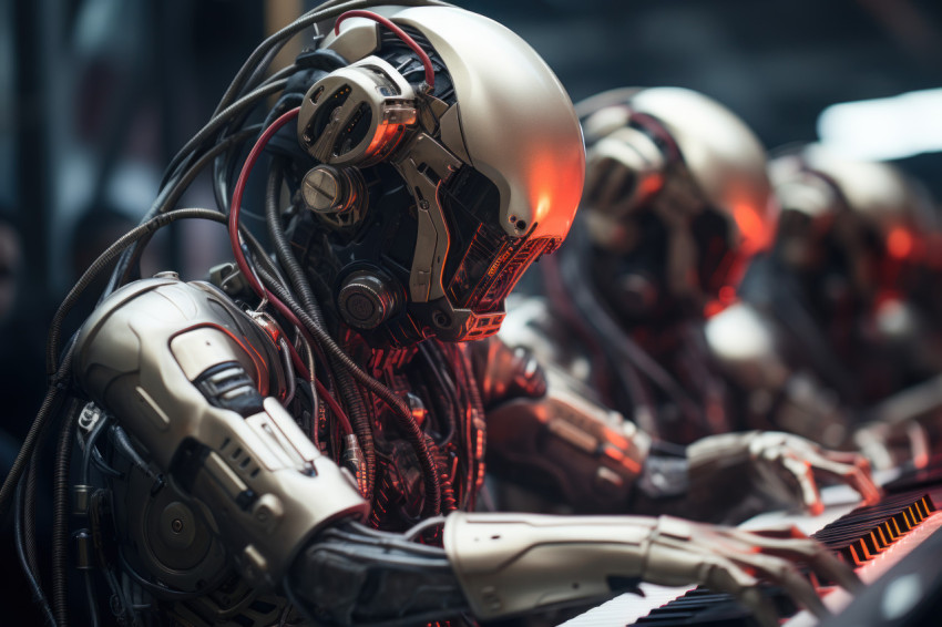 Humanoid robots playing instruments live, futurism image