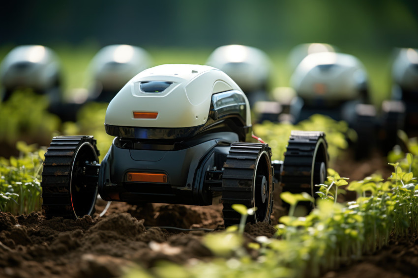 Automated agriculture robots tending crops in high tech farms, f