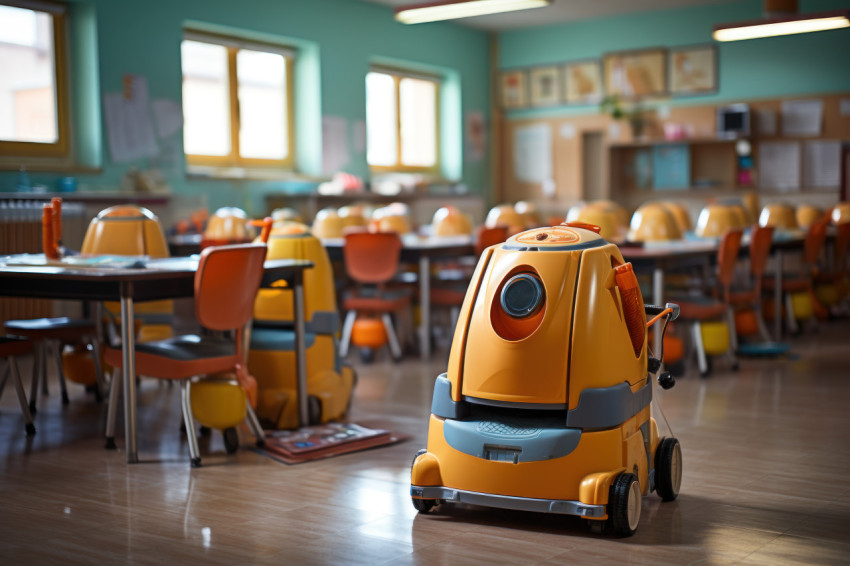 Hygiene assurance robots cleaning classrooms for safety, futuris