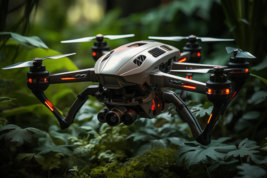 Drones and robots monitoring endangered habitats, futurism image