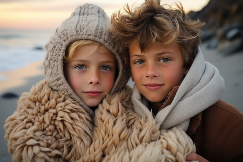 Boys in warm layers collect seashells enjoying a winter day at t