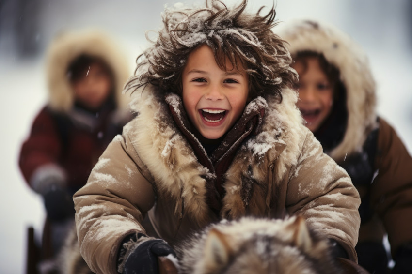 Boys enjoying a sleigh ride in a snowy landscape with winter gea