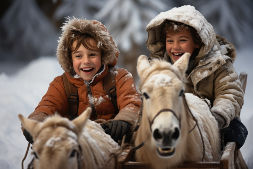 Boys in winter gear enjoy exhilarating sleigh ride in snowy land