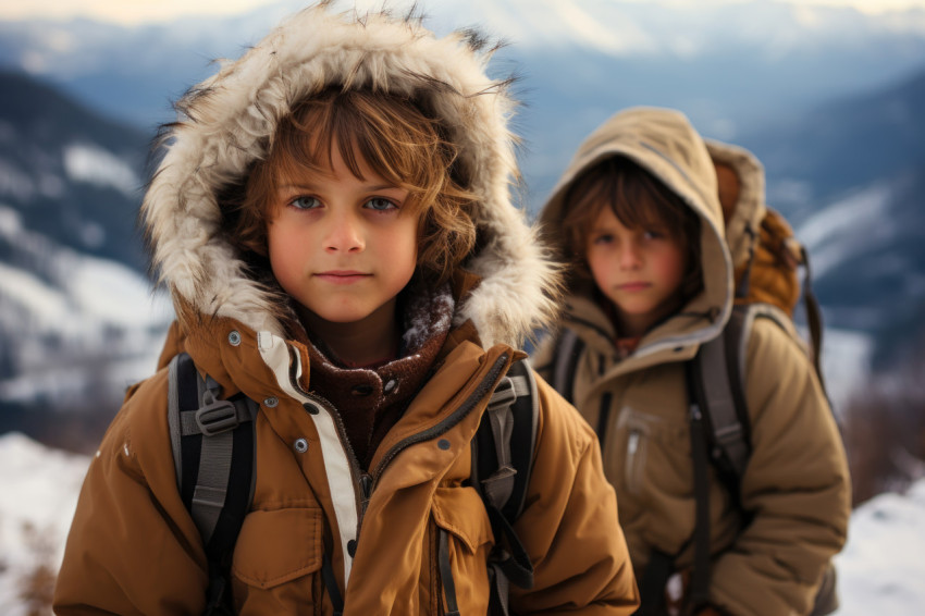 Boys embark on a winter hike in snow covered mountains with brea