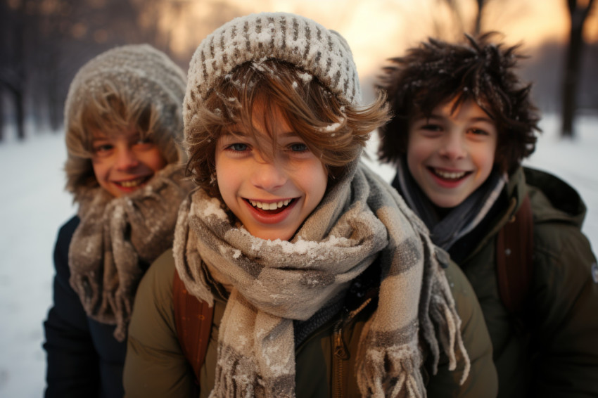 Boys enjoying snowball fights in a snow covered park, hygge conc