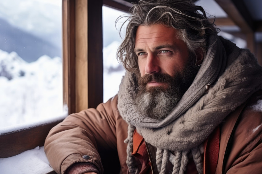 Man in blanket enjoying hot drink on snowy cabin porch, hygge co