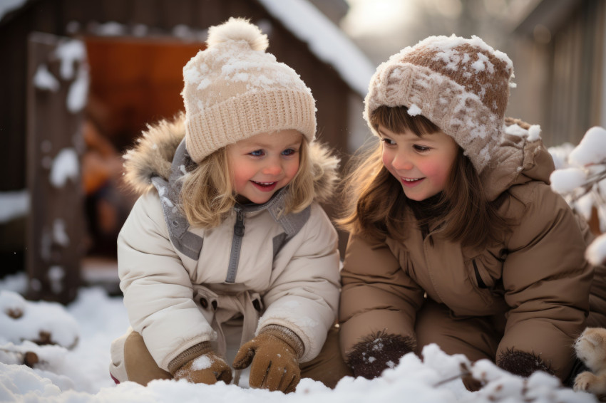 Kids in adorable gear building snowmen in a pristine backyard, h