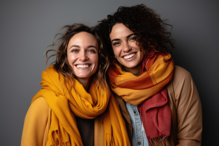 Exchanging cozy scarves as a symbol of friendship with smiles an