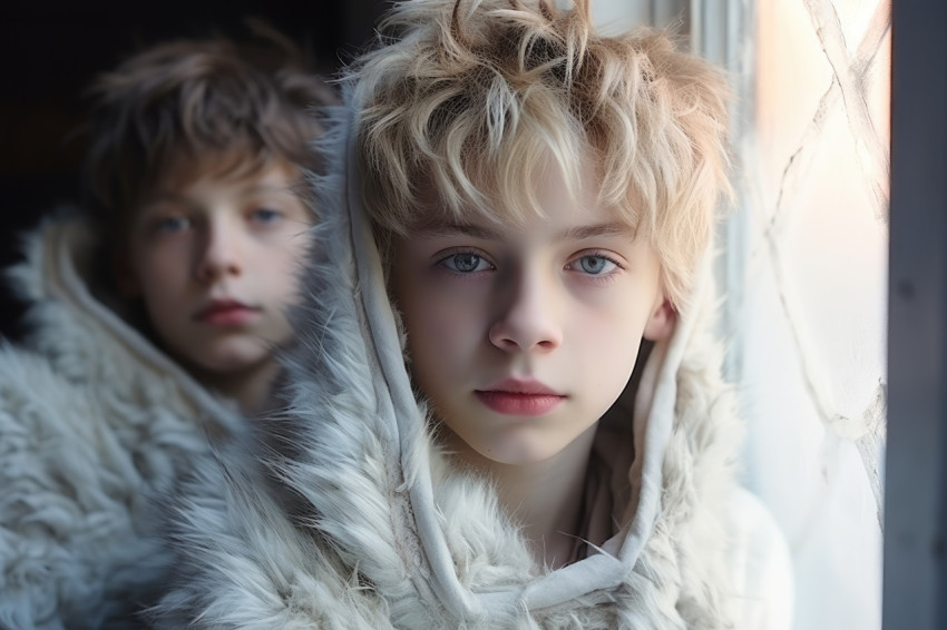 Boys in cozy pajamas press their hands against a frosty window,