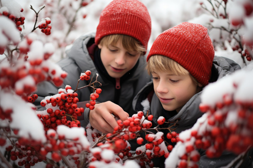 Boys in cozy sweaters gathering vibrant red berries in snowy won