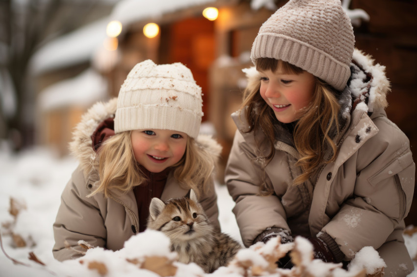 Kids building snowmen in adorable winter attire, hygge concept