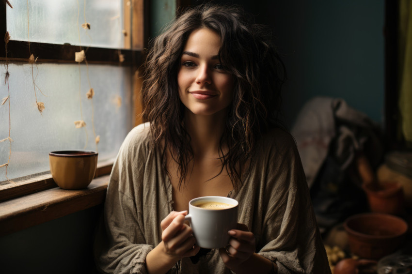 Woman with tea captivated by the beauty of raindrops on a window