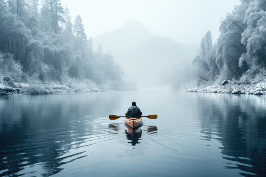 A peaceful paddle through winter embrace on a calm lake, hygge c