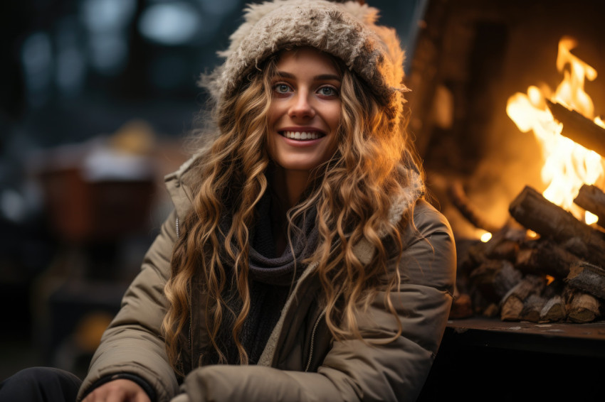 Woman savors hot cocoa by the bonfire, hygge concept