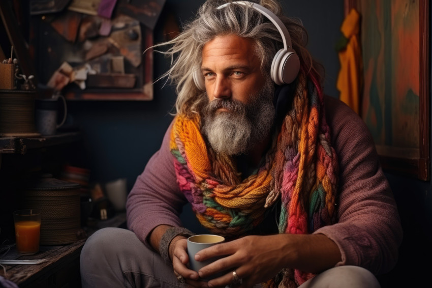 Serene scene of a man crafting a scarf in a brightly lit room wi