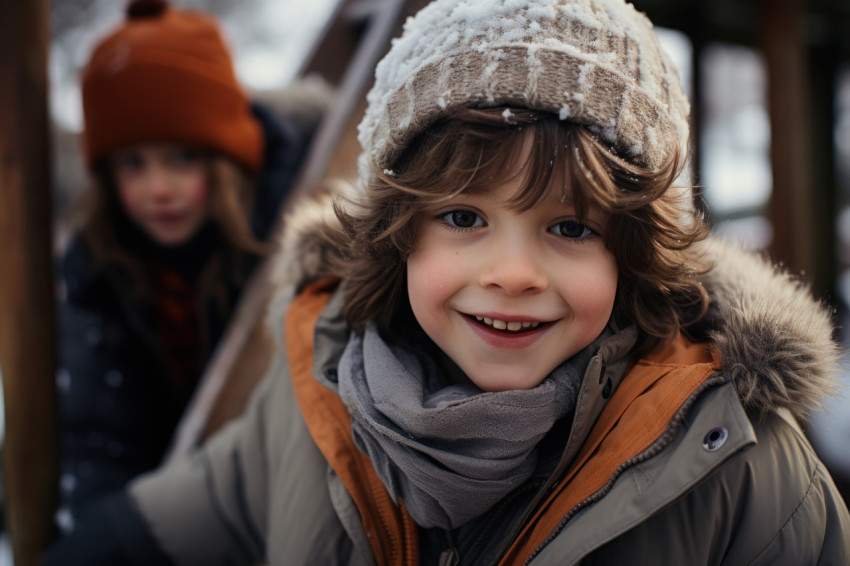 Energetic boys in winter attire revel in the snowy delight of a