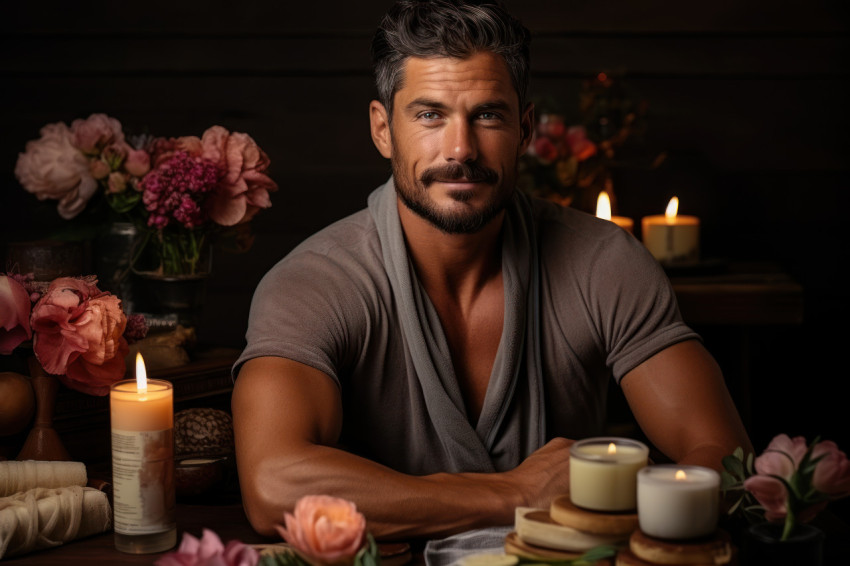 A man enjoys a pampering spa day at home with soft towels candle