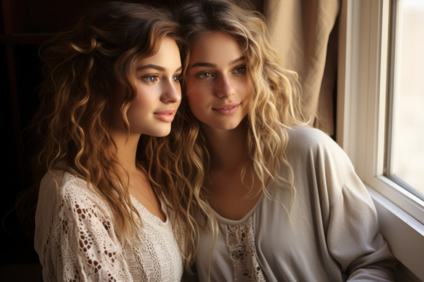 Two sisters share a quiet moment on a window seat wrapped in ove