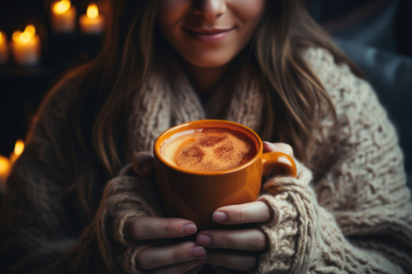 Woman enjoying a mug by the fireplace with a soothing glow on he