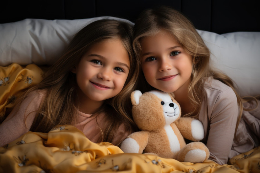 Girls cuddle with a plush toy in dimly lit bedroom, hygge concep