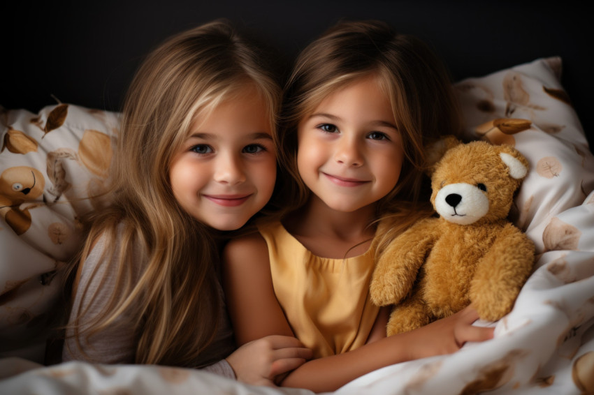 Girls under cozy duvet sharing a story in soft lamplight, hygge