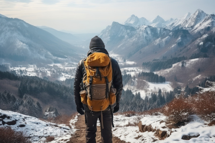 A man hiker alone in the majestic winter landscape, hygge concep