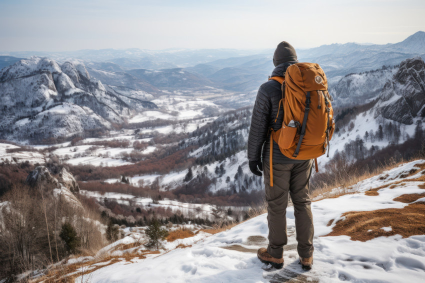 A solo hike through snowy peaks, hygge concept