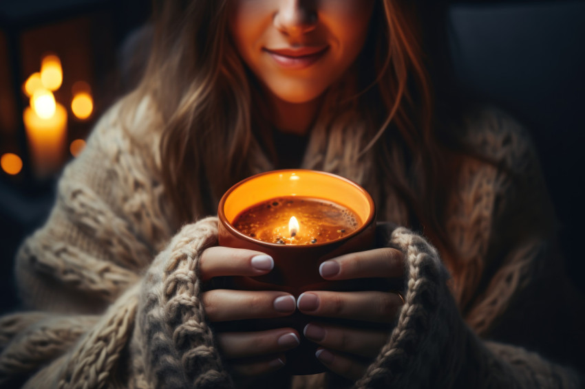 Close up of a woman hands embracing a warm mug in the comforting