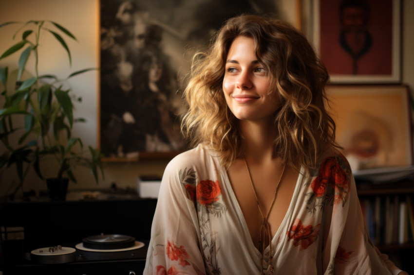 Woman in stylish living room surrounded by vinyl records and sof