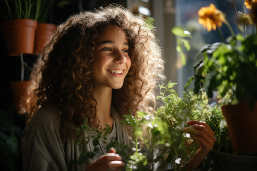 Woman in a sunlit conservatory wrapped in a chunky sweater sippi