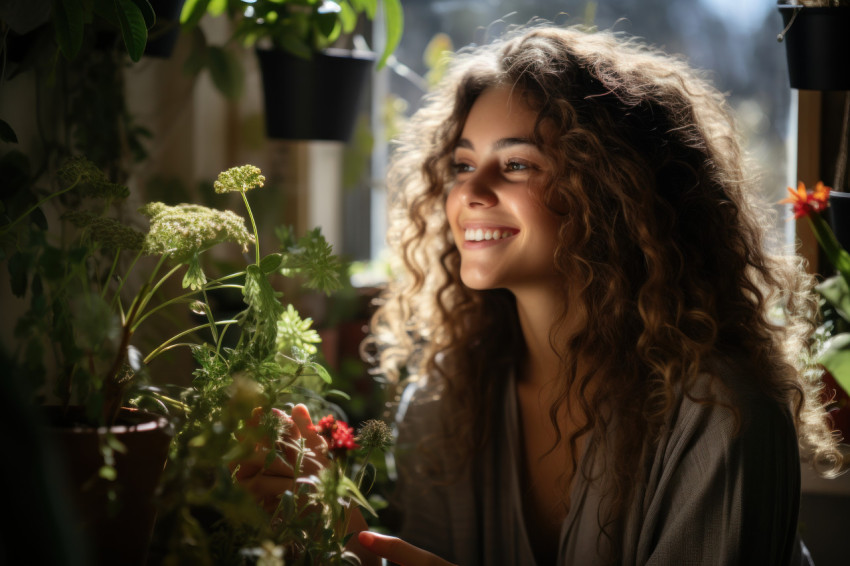 Woman surrounded by potted plants and warmth in a sunlit conserv