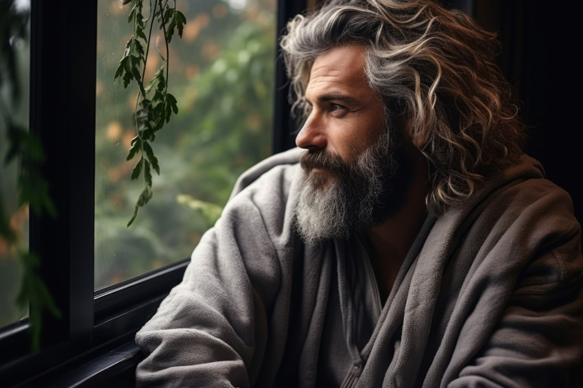 Contemplative man wrapped in a blanket gazes out on a rainy day